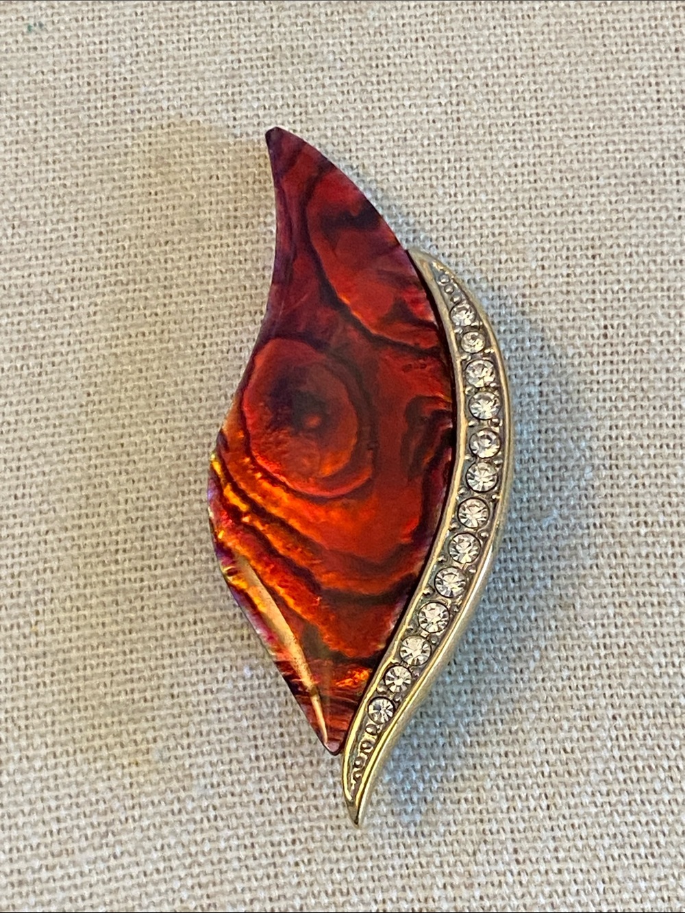 Butler Signed Red Dyed Abalone & Crystal Gold-Tone Brooch